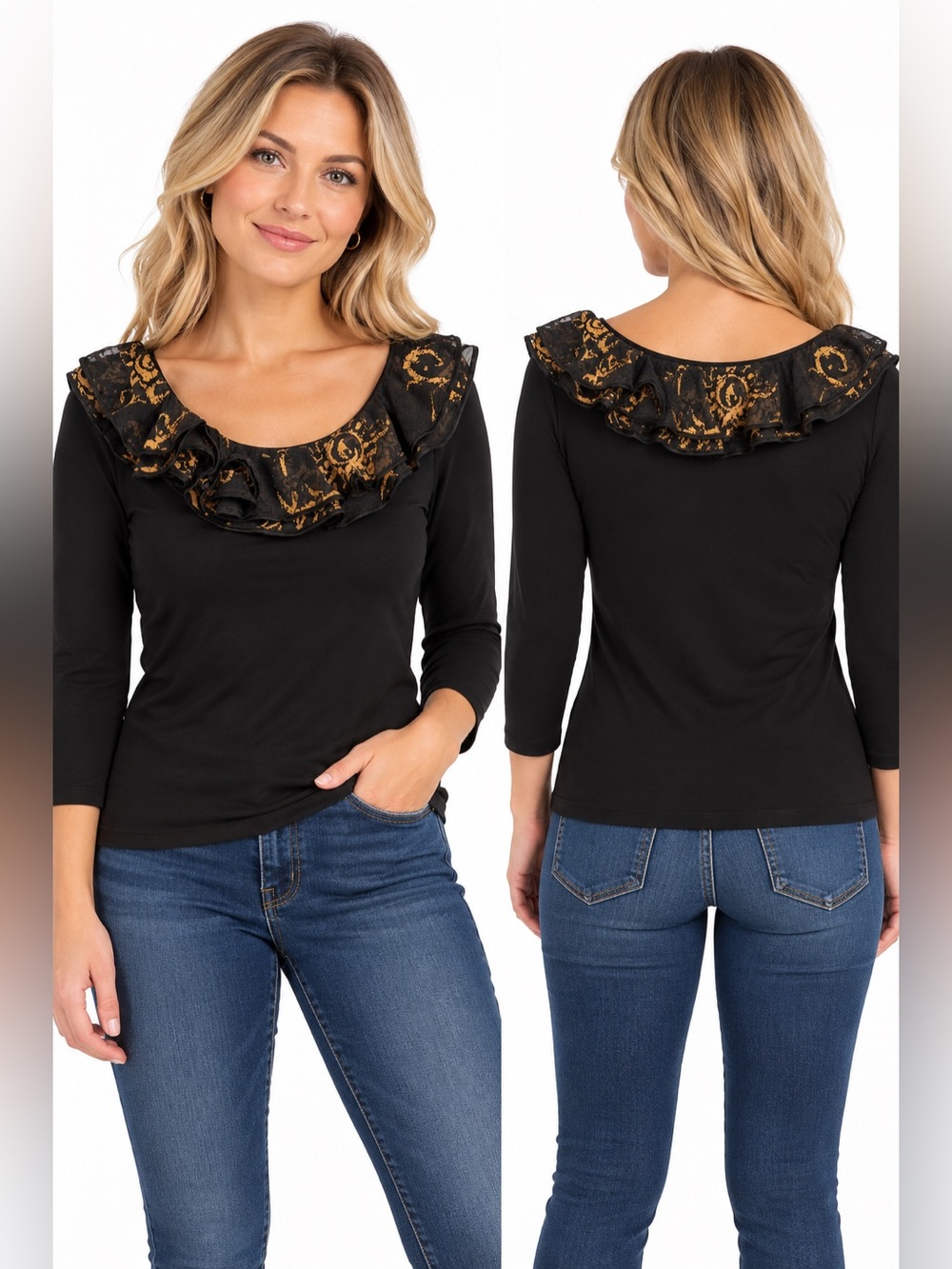 Lauren Ralph Lauren Petite Black Gold Ruffle Top P/M